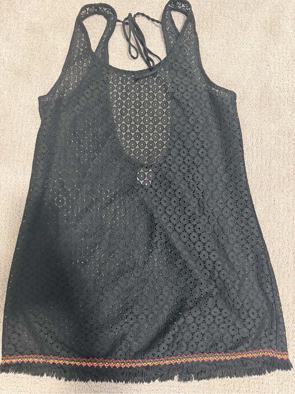 Black Crochet Swim Cover-Up Dress with Fringe Trim